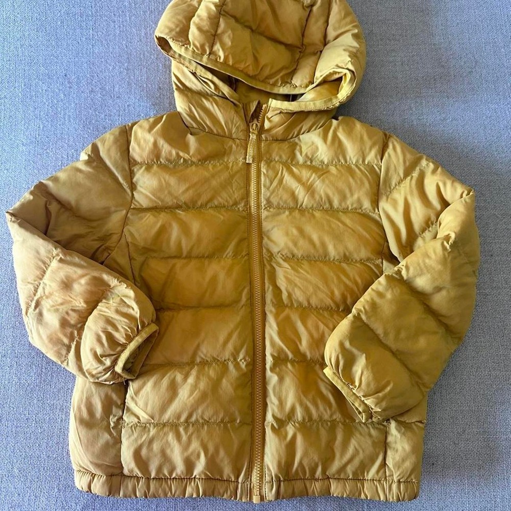 Uniqlo Puffer Jacket Kids 110 Mustard Yellow Quilted Hooded Padded Coat 4-5T